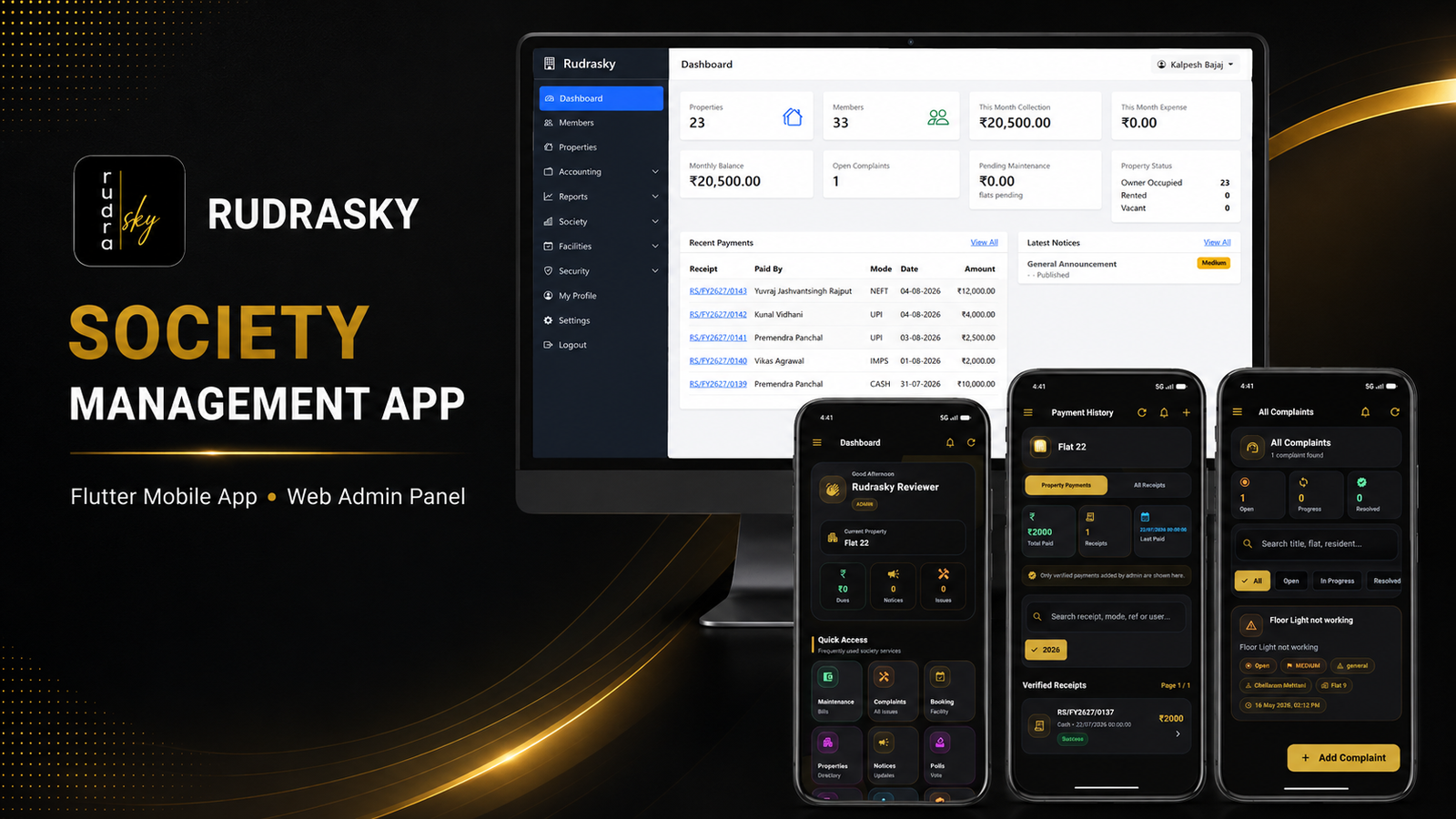 Rudrasky society management Flutter app and admin panel developed by KDP Infusion